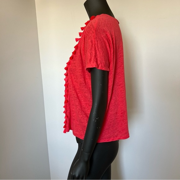 🌿 J.Crew Red Embroidered Front Linen Tee - Size S - Picture 3 of 8